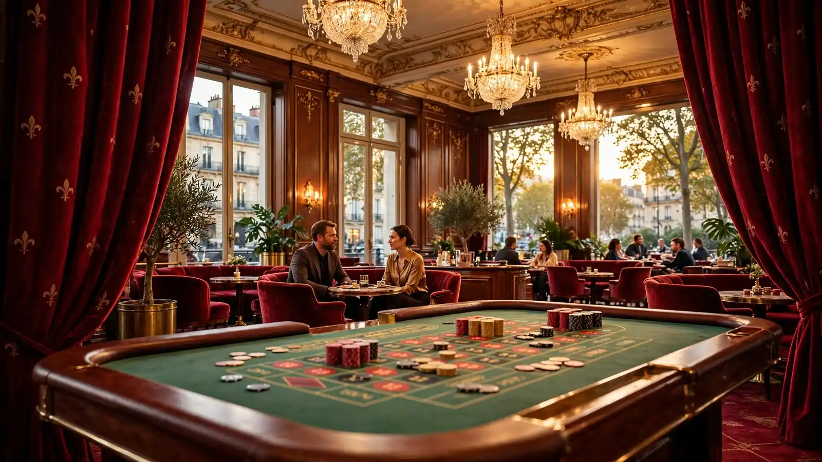Lounge de casino français avec roulette et jetons, éclairage chaleureux