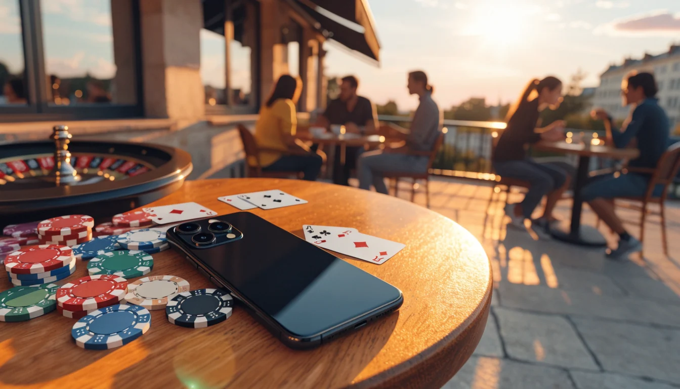 Téléphone élégant sur terrasse française avec jetons de casino et roulette, ambiance chaleureuse au coucher du soleil.
