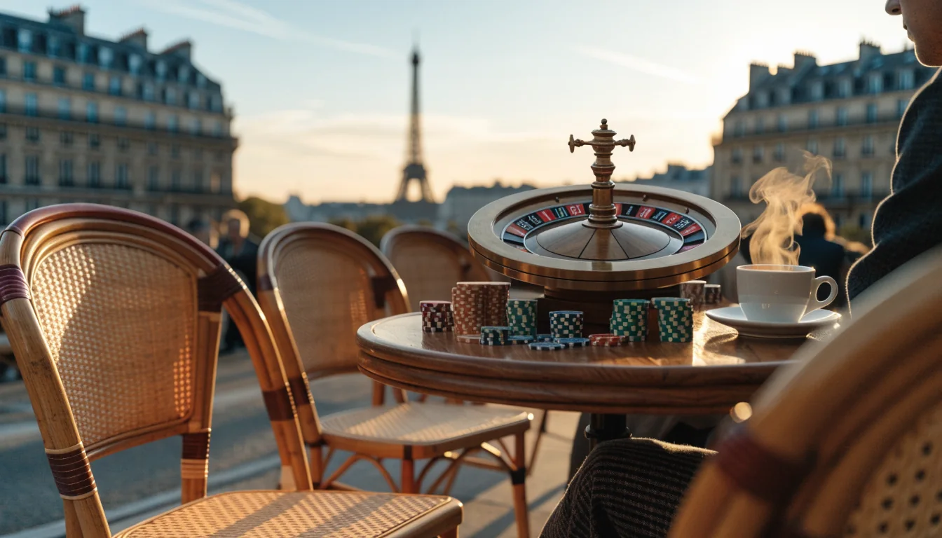 Terrasse parisienne avec roulette et jetons, coucher de soleil