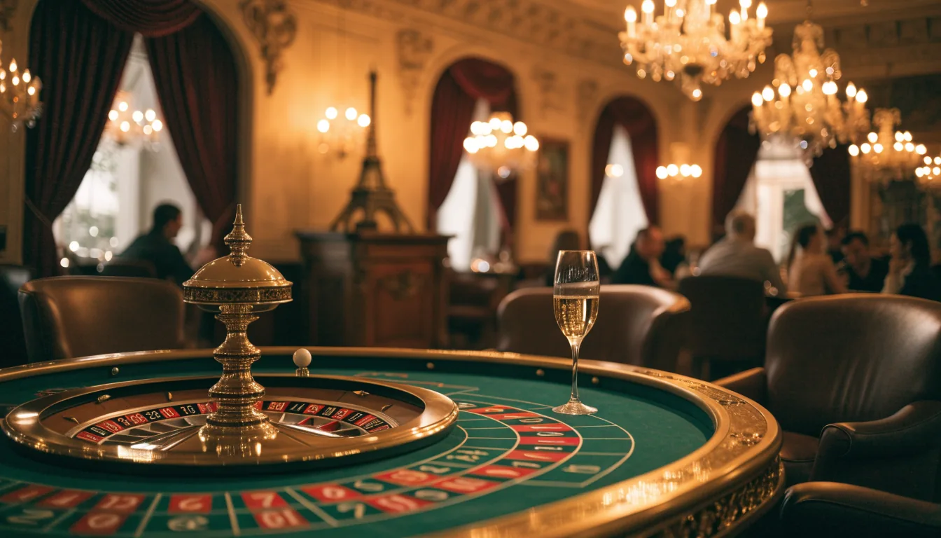 Lounge de casino français avec table de roulette et champagne