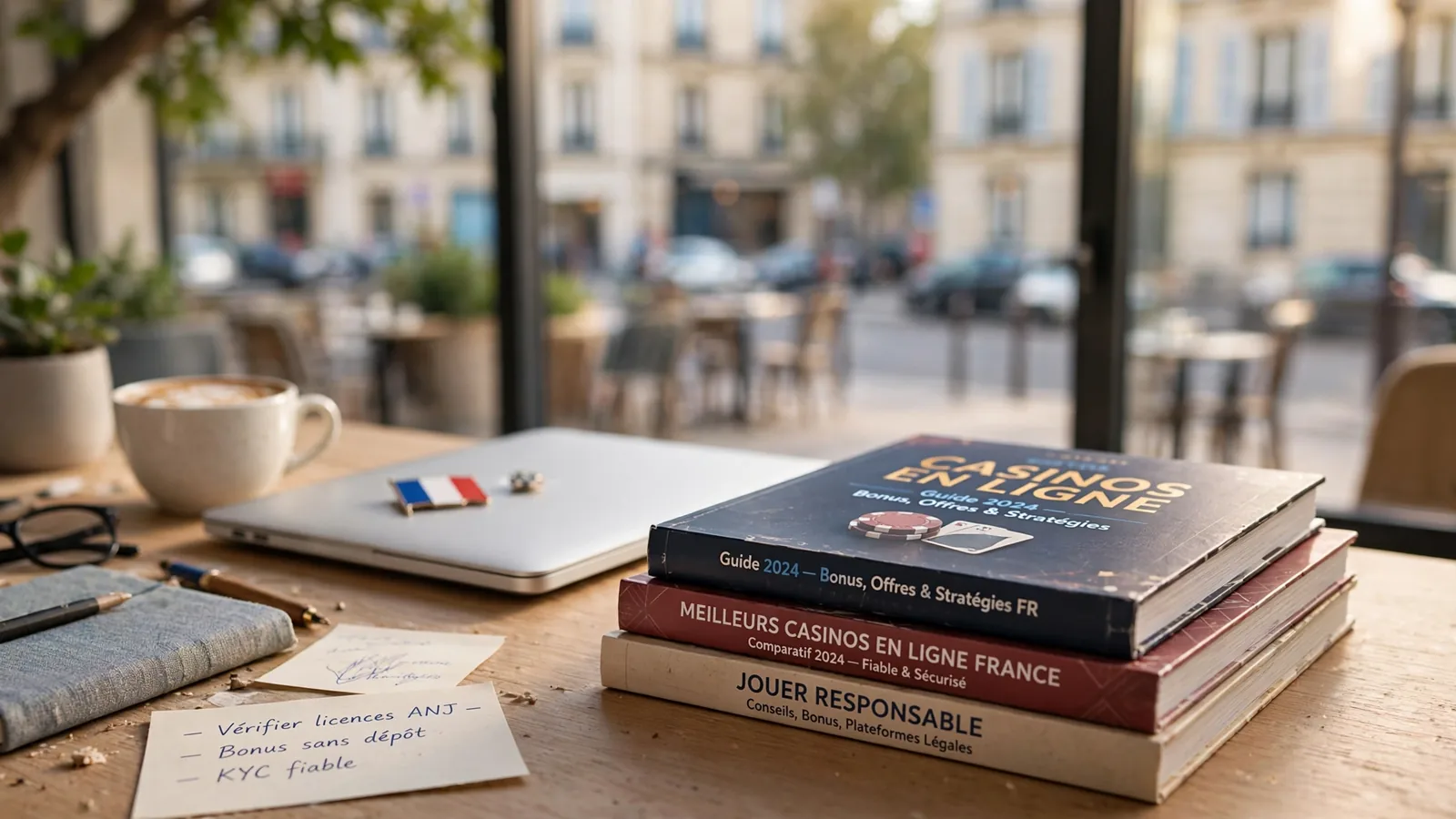Bureau français avec drapeau, livres de casino, tasse de café