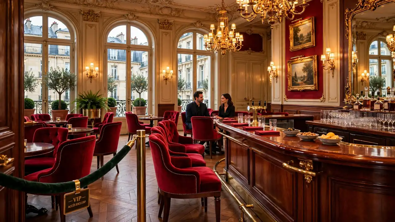 Lounge de casino français élégant avec décor luxueux et badge VIP.