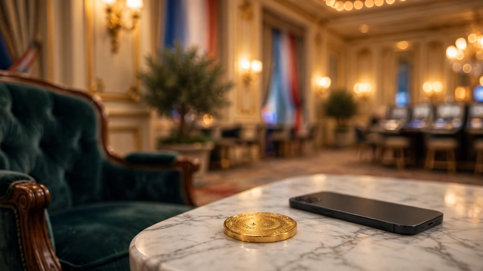 Photo d'un intérieur de casino français avec une puce de casino dorée et un smartphone.