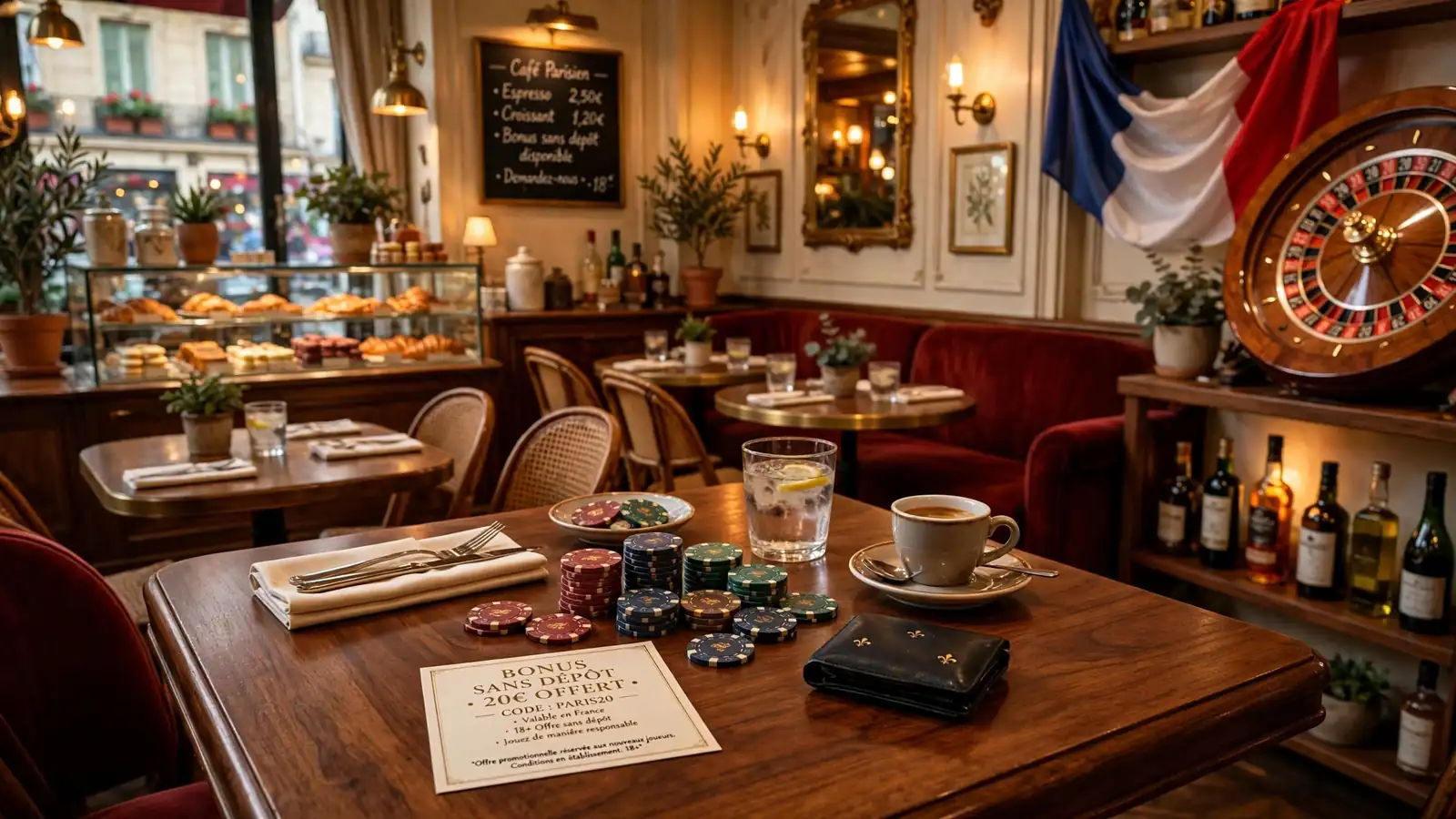 Photo d'un café parisien élégant avec des jetons de casino et une roulette.