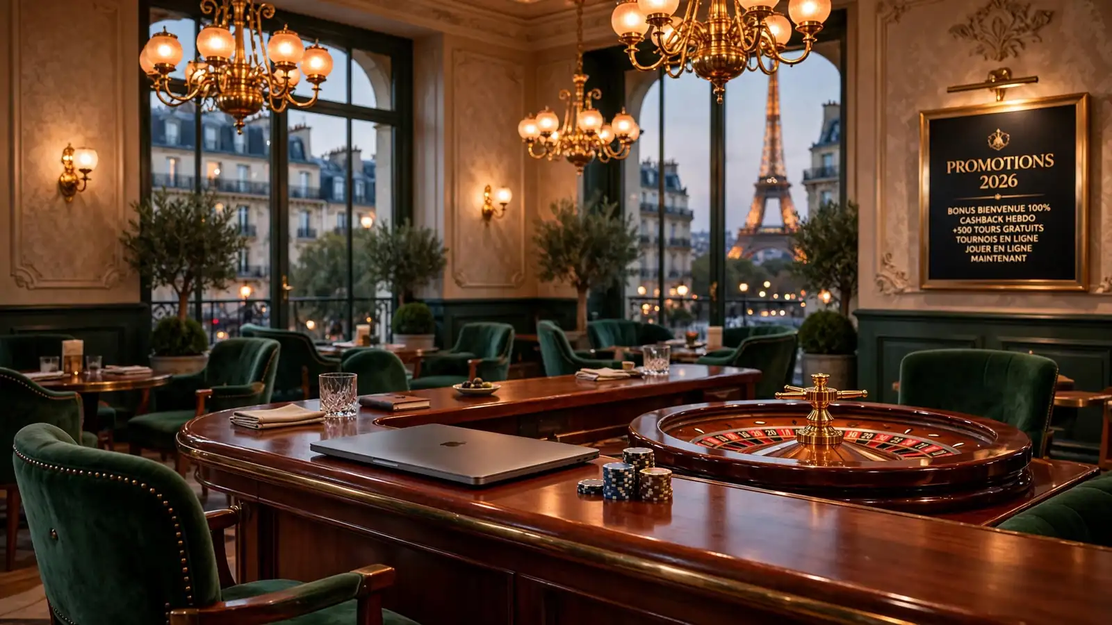 Lounge de casino français avec chips, roulette et ordinateur portable