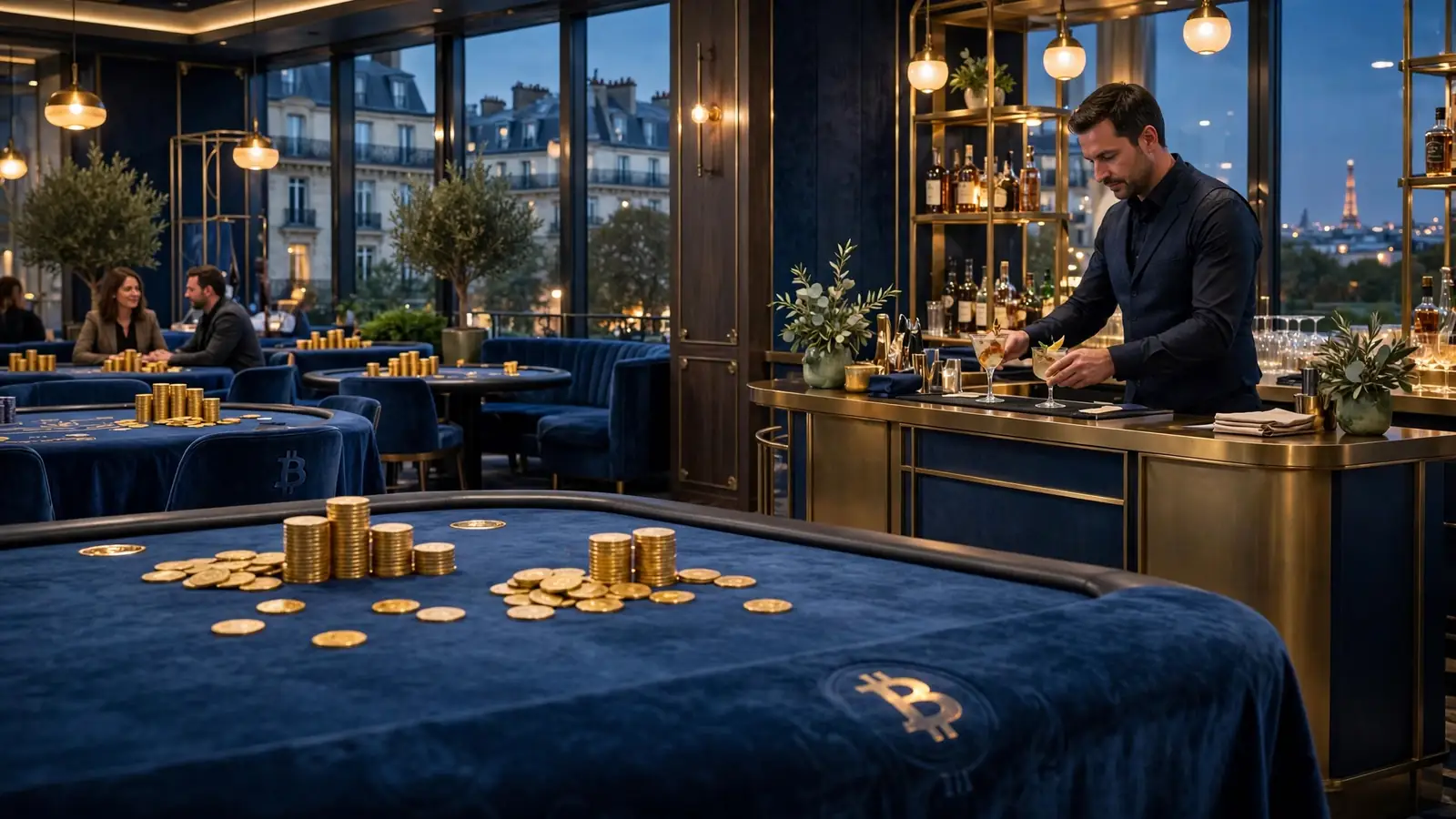 Casino français élégant avec symboles Bitcoin et vue sur la Tour Eiffel