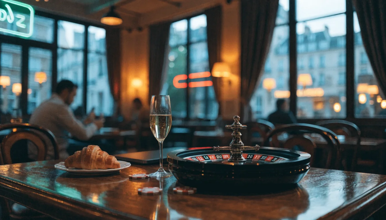Café parisien avec roulette, jetons et champagne
