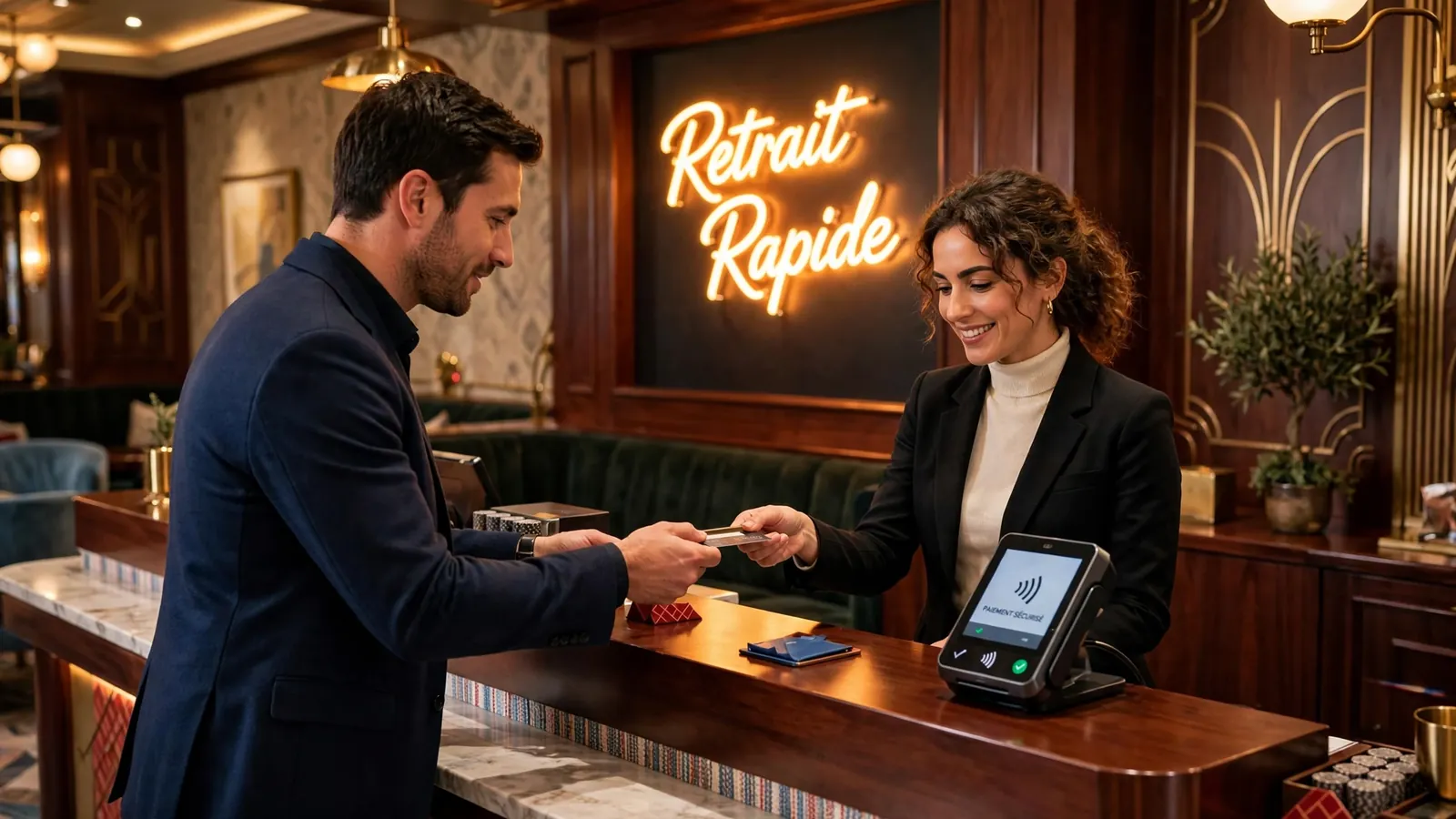 Photo d'un casino français élégant avec un guichet de retrait rapide.