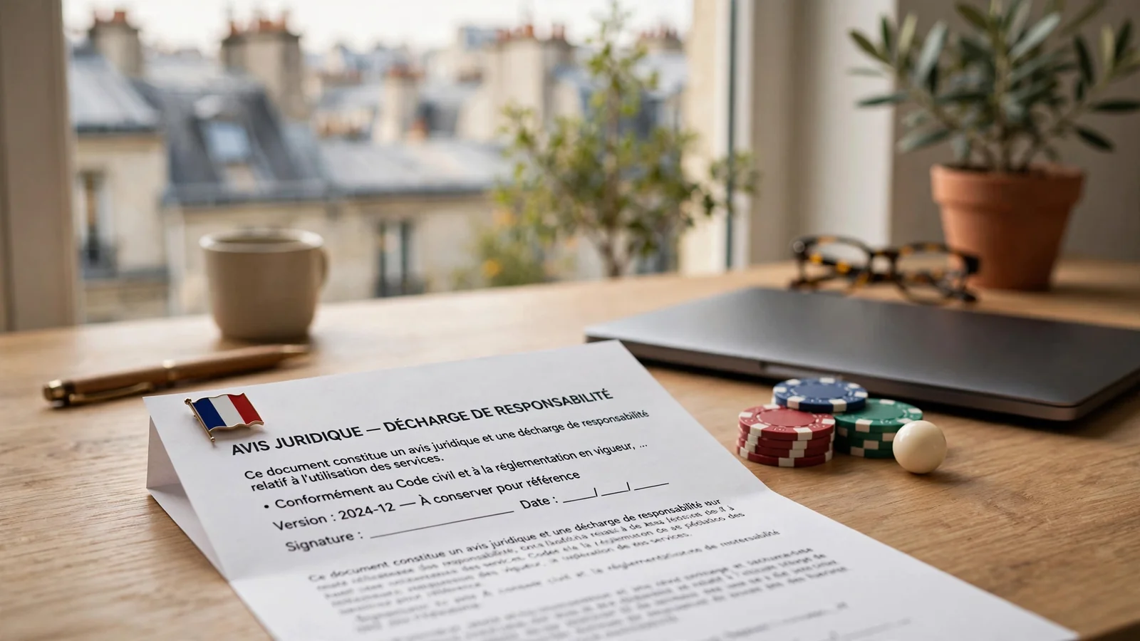 Photo d'un bureau français avec document de non-responsabilité et jetons de casino