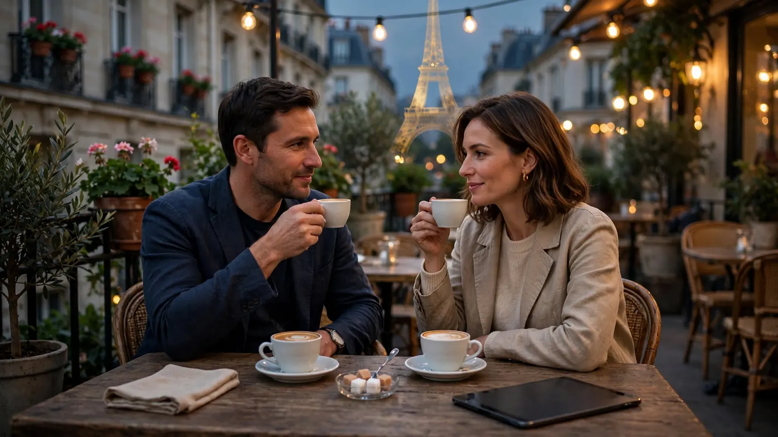 Terrasse de café français au crépuscule avec une silhouette de la Tour Eiffel.