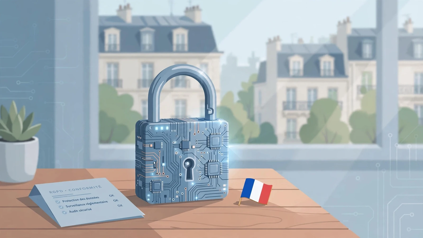 Serrure numérique sur un bureau avec un drapeau français.