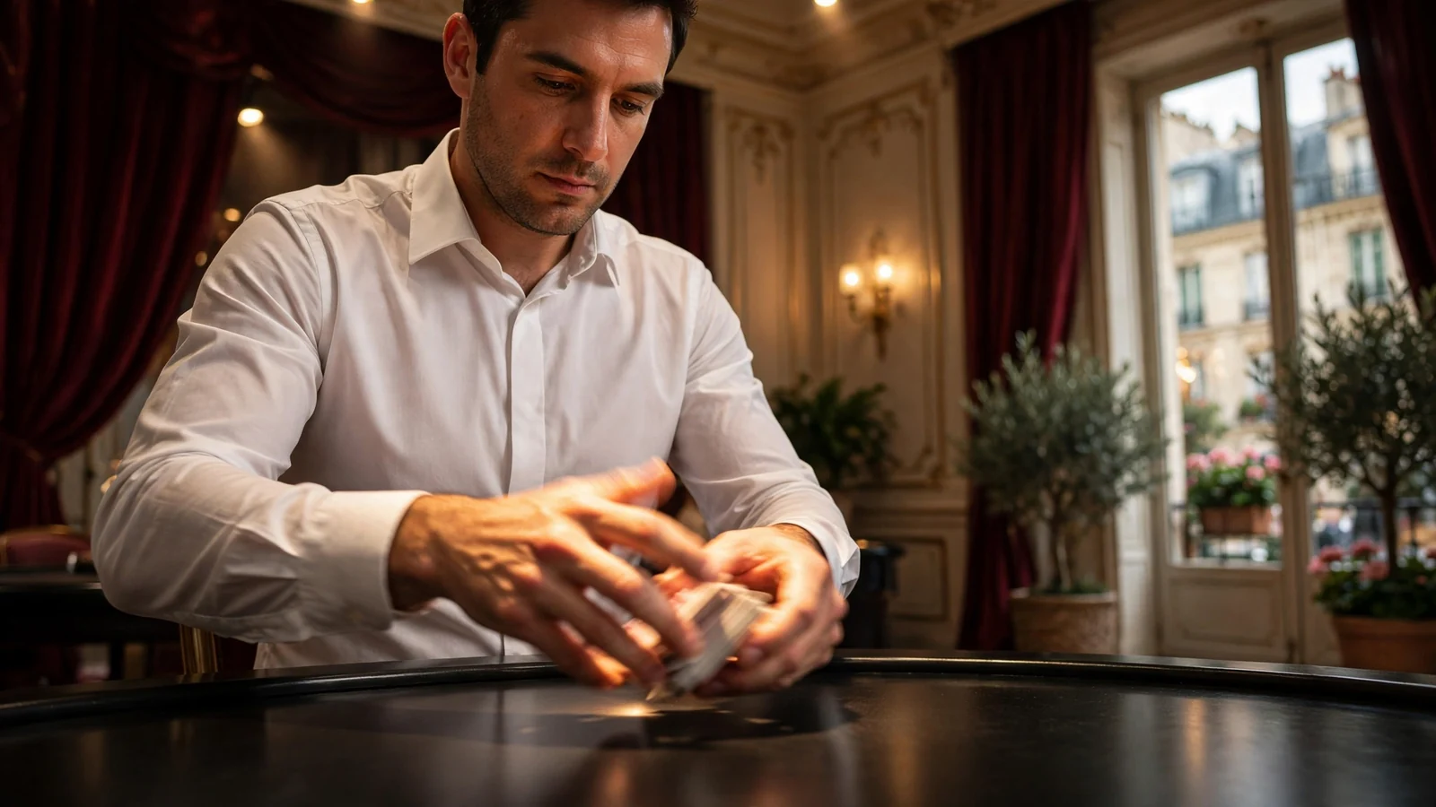 Croupier professionnel dans un studio de casino en direct.