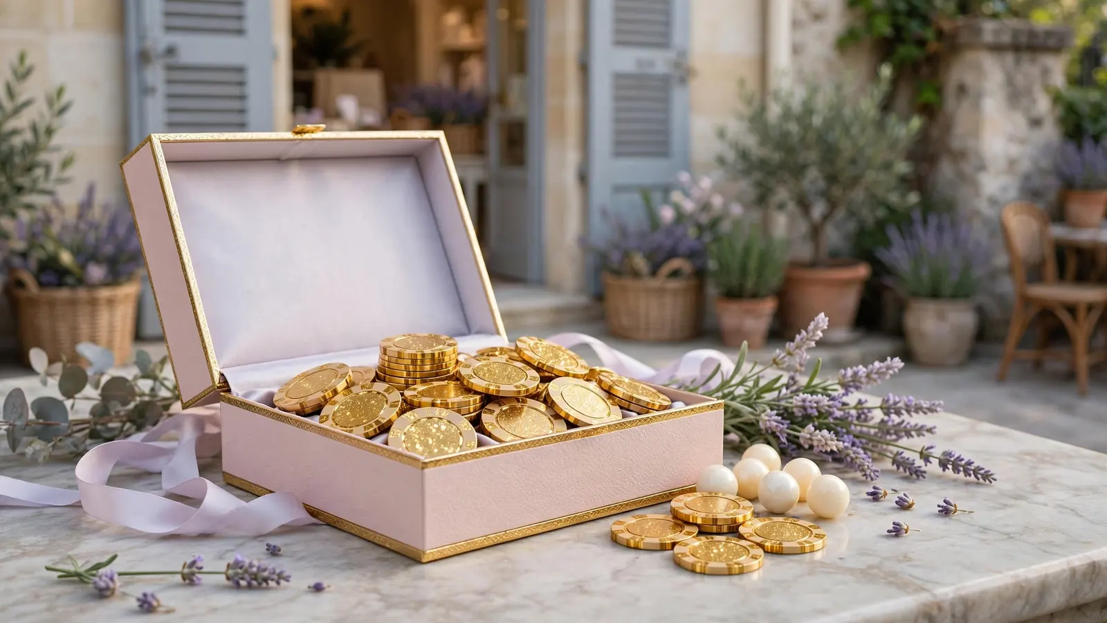 Boîte cadeau française avec jetons dorés et boules de roulette.