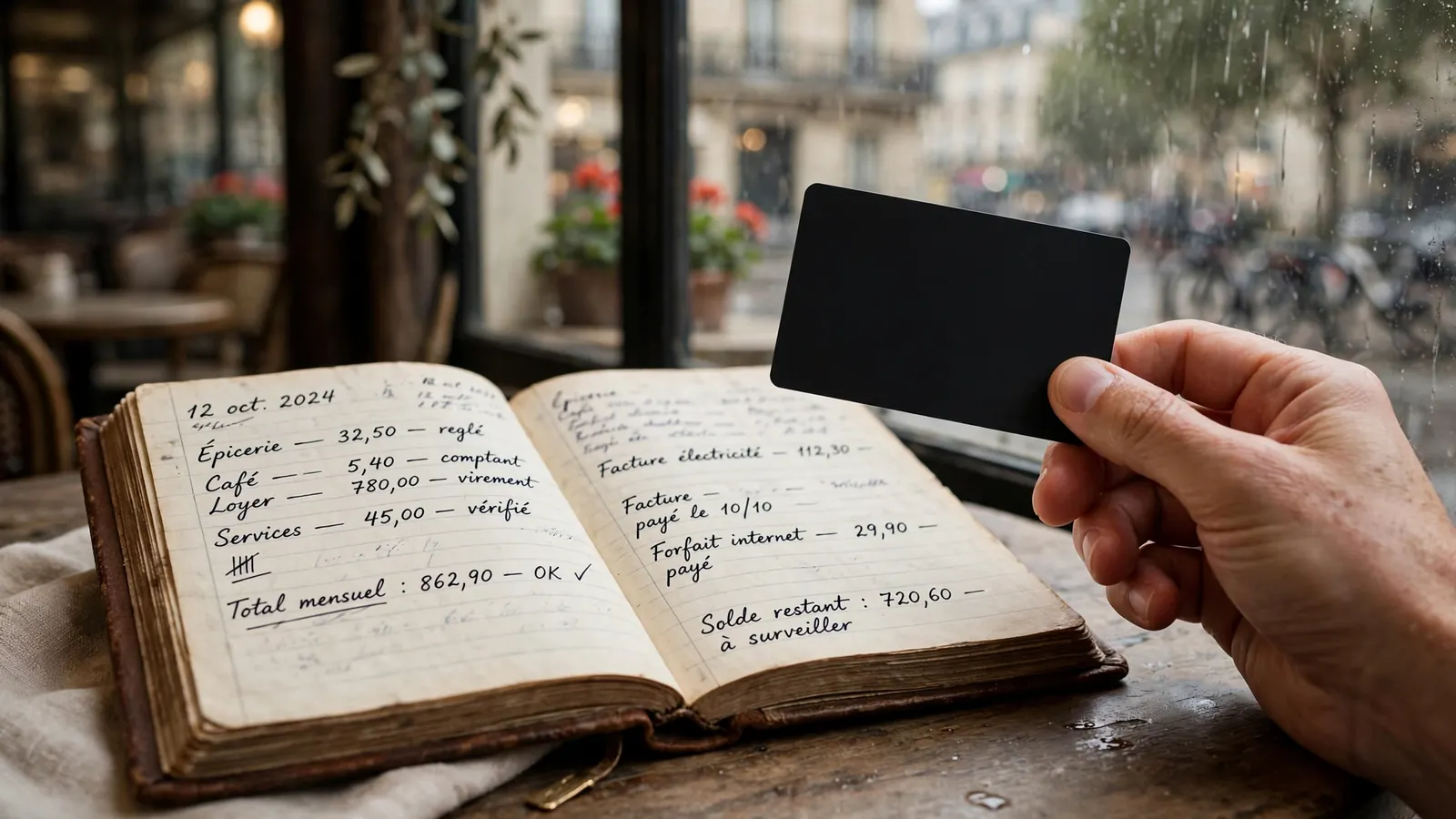 Main française tenant une carte bancaire près d'un registre vintage.