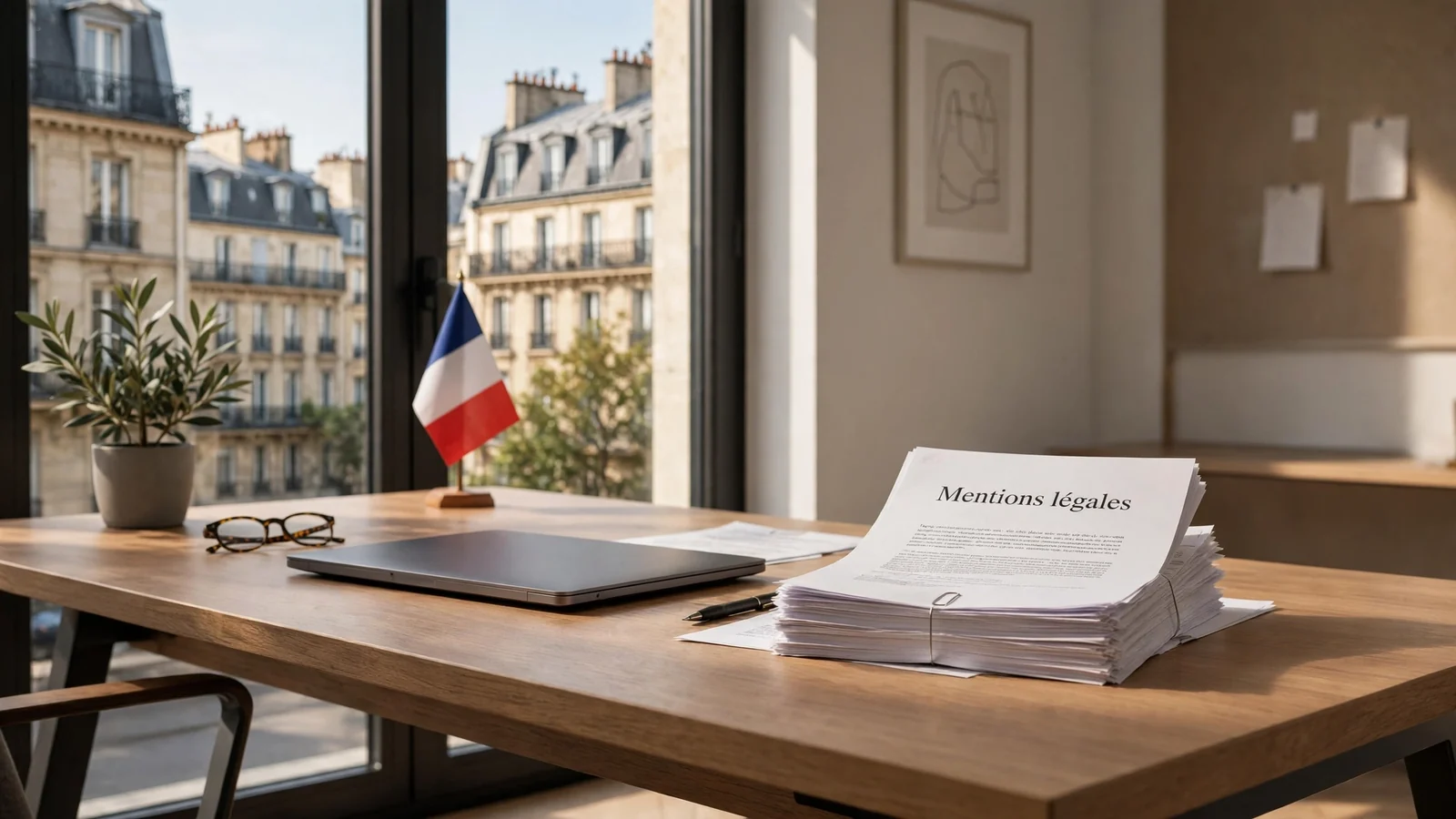 Bureau français moderne avec drapeau et documents légaux