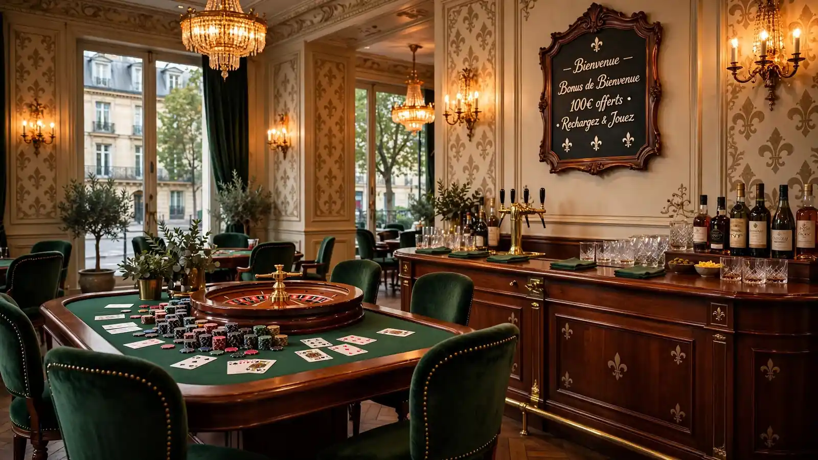Lounge de casino parisien avec jetons et roulette