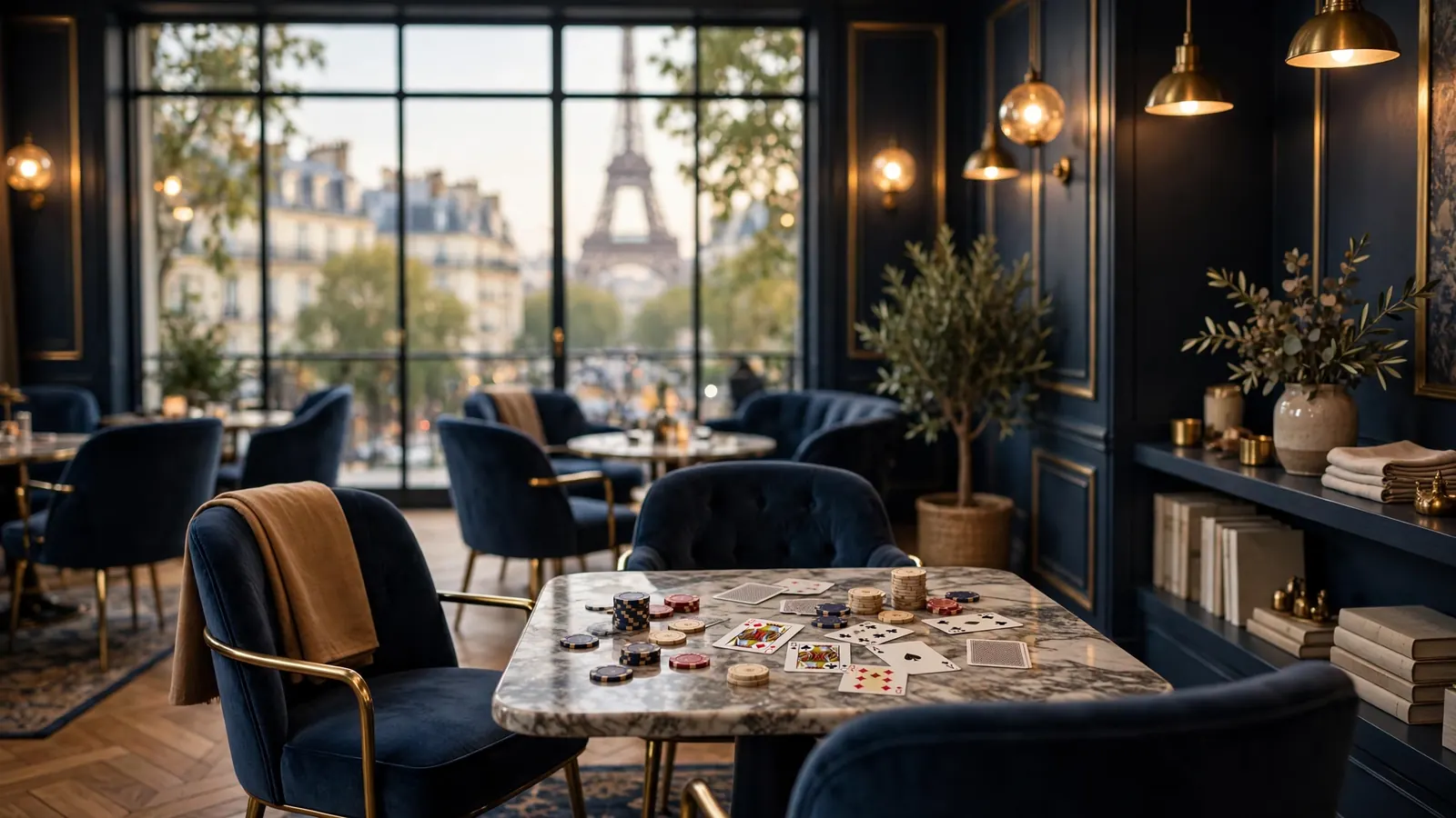 Salon français élégant avec jetons de casino, lumière chaleureuse