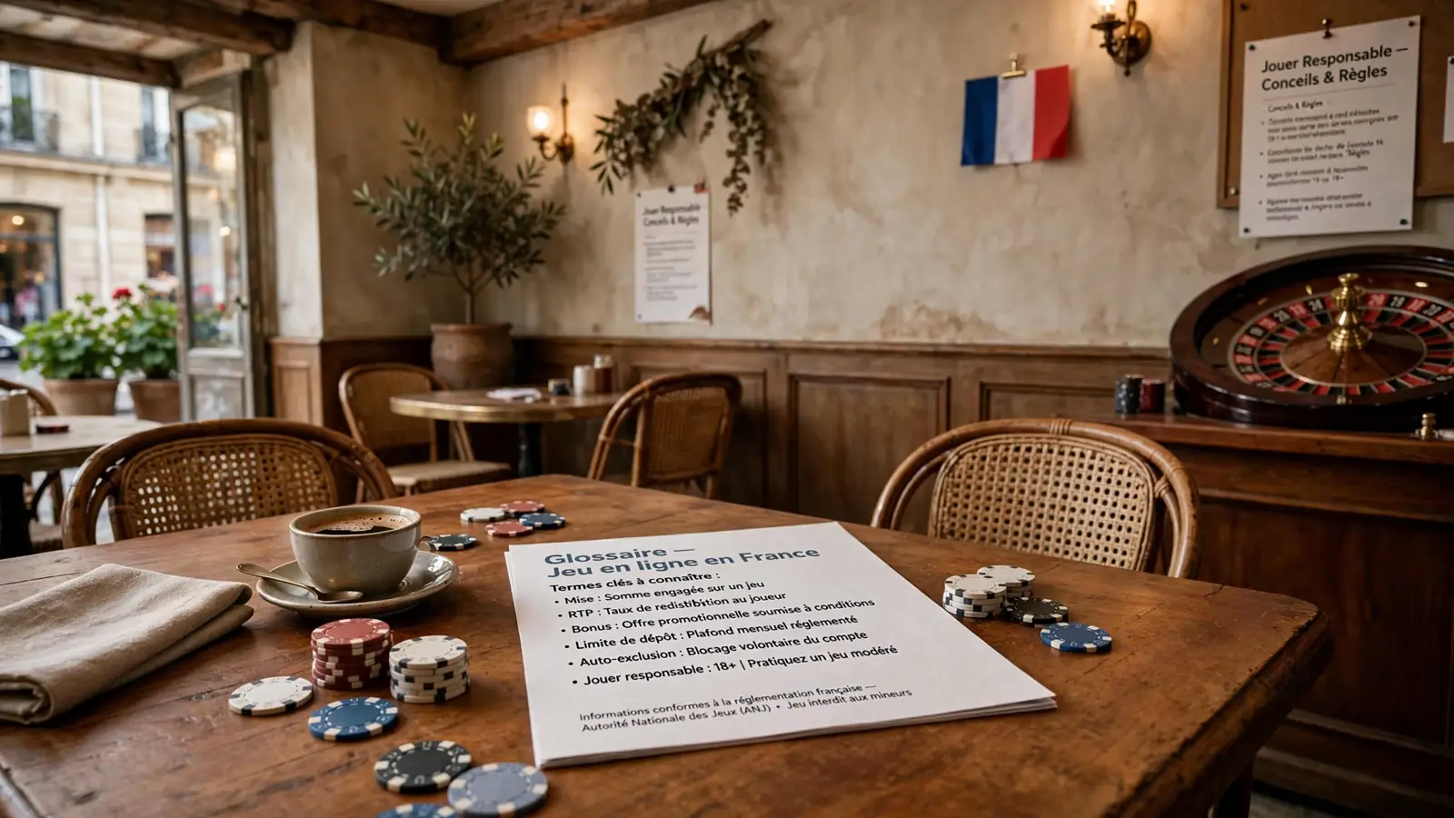 Intérieur de café français avec jetons de casino et roulette