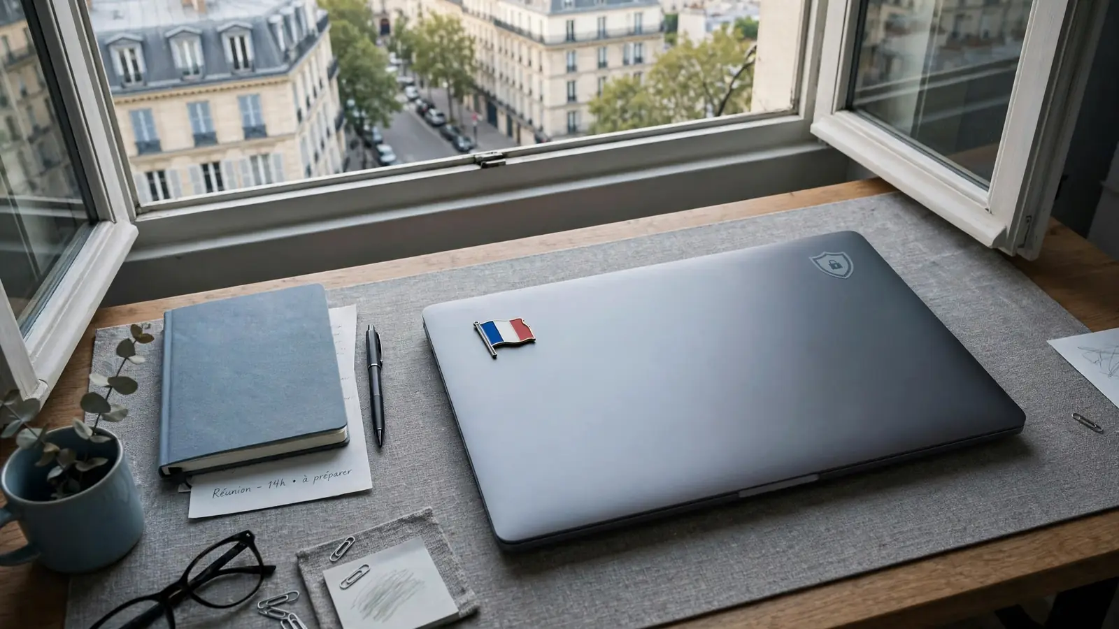 Photo réaliste d'un bureau français avec un ordinateur portable fermé et un drapeau français.